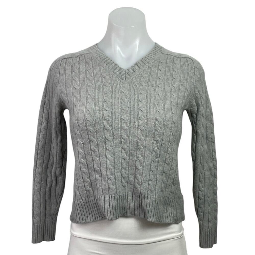 Faconnable Gray 100% Cashmere V Neck Cable Knit Long Sleeve Cropped Sweater Sz S